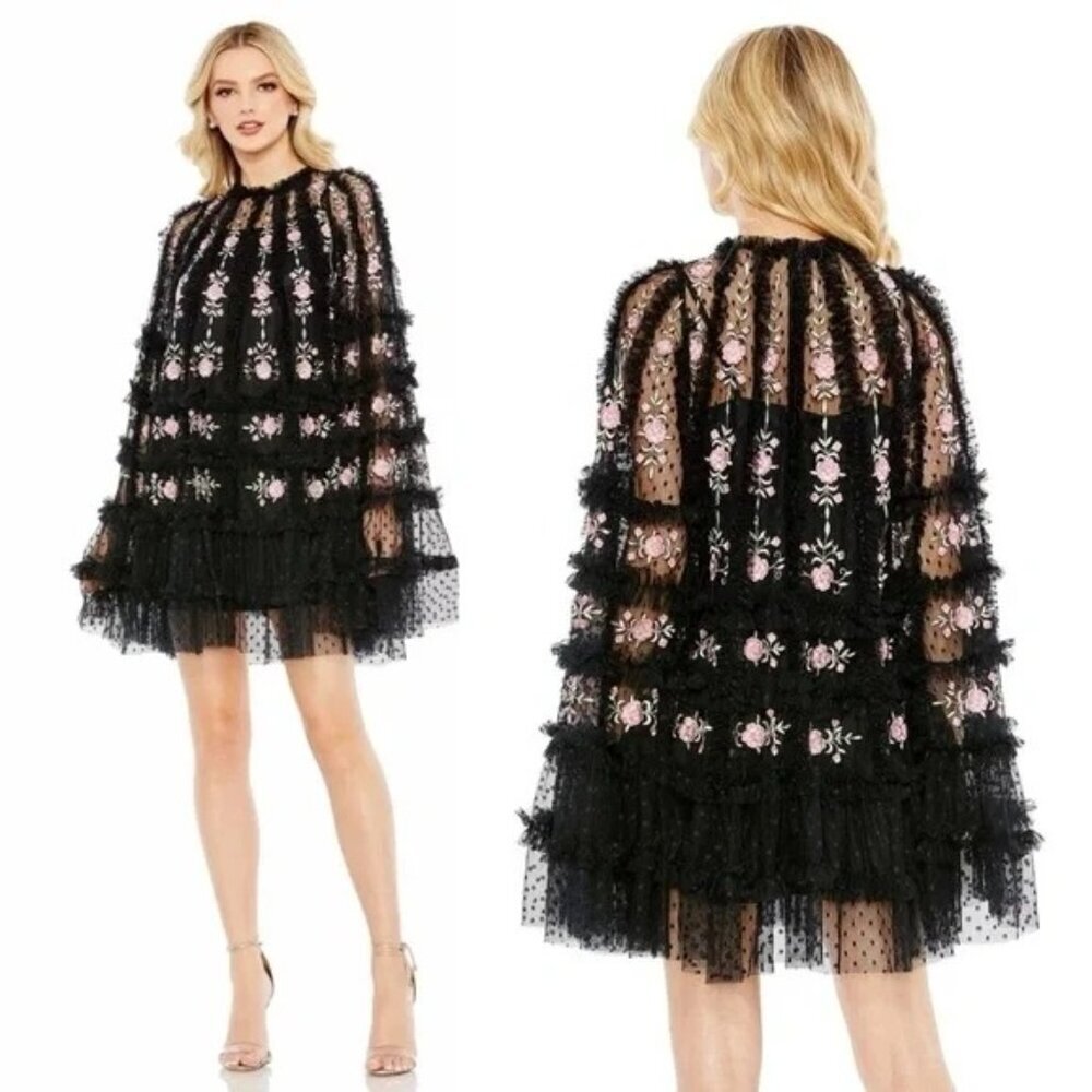 NWT Mac Duggal 8031 Black Embroidered Long Flare Sleeve A-Line Mini Dress Size 2